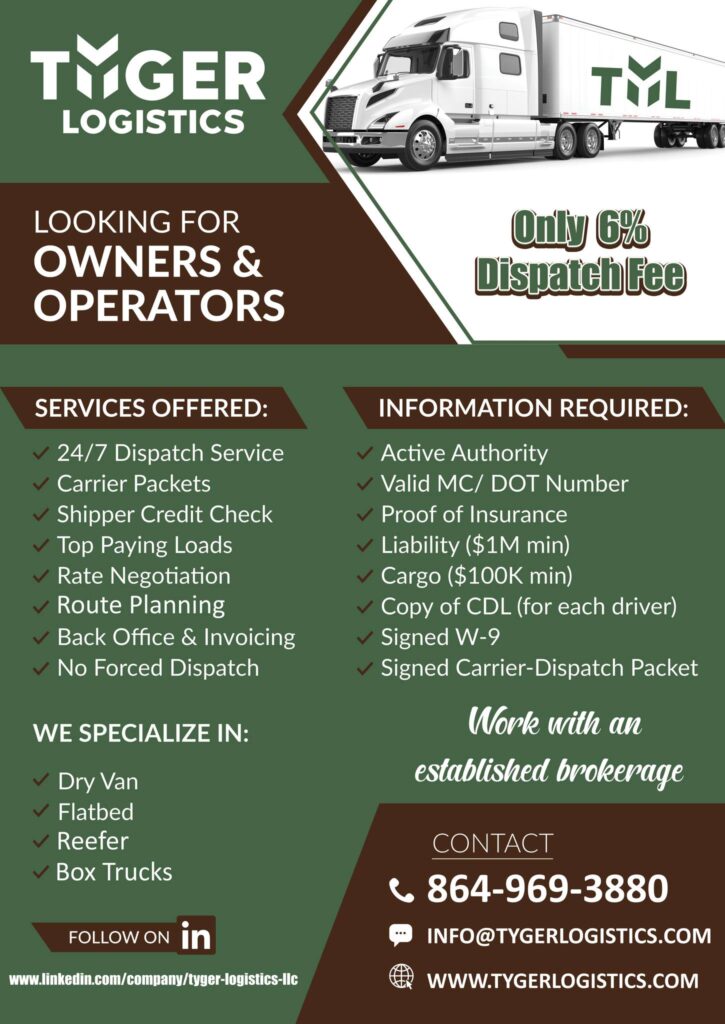 Dispatch services for owner operators in USA. See poster for info. Contact Tyger logistics (864) 969-3880 or info@tygerlogistics.com What are truck dispatch services?