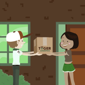 Logistics Makes the world go round - Boy in a Tyger Logistics shirt delivering a package to a girl.