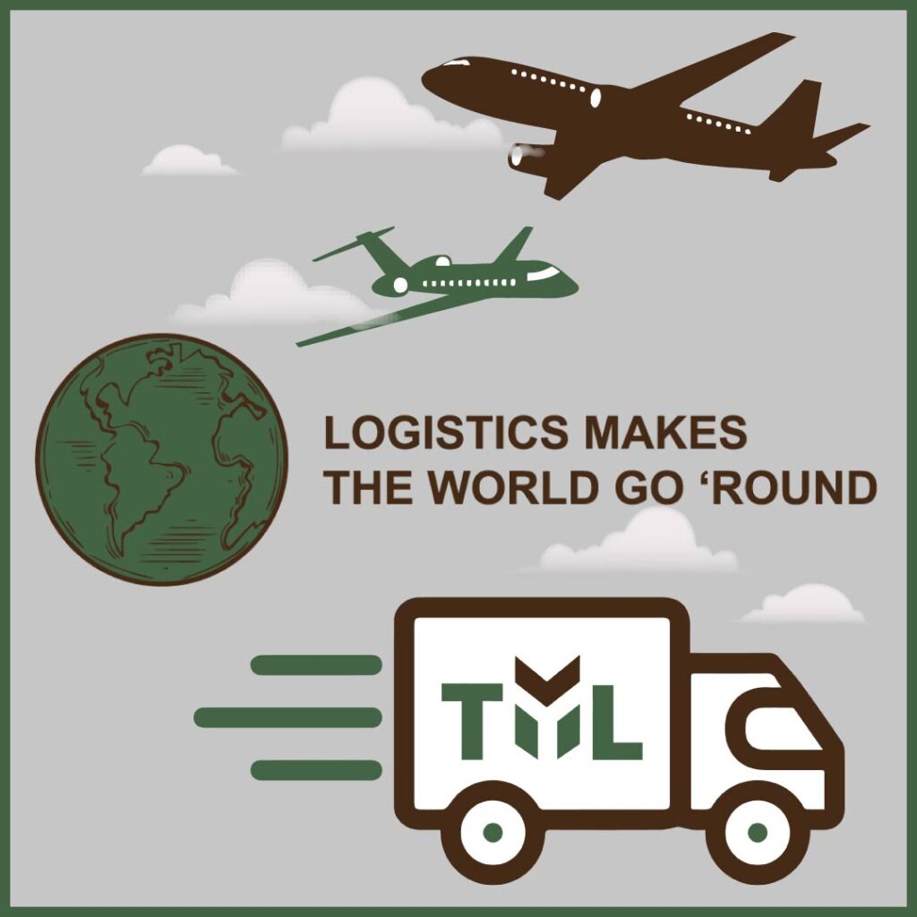 Green earth, "Logistics Makes The World Go Round" brown and green plane in the clouds, TYL box truck. Grey background