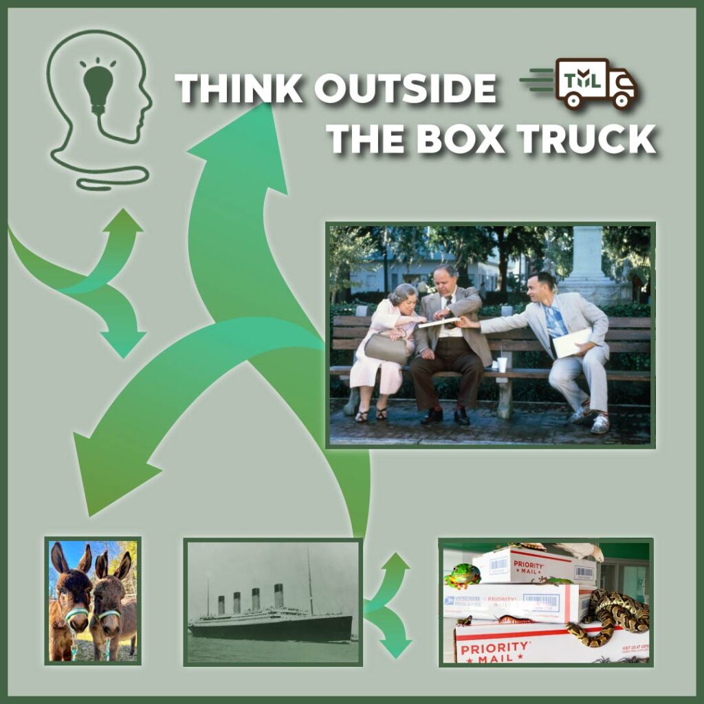Think Outside of The Box Truck Graphics with green arrows, a lightbulb in the silhouette of a head, 2 donkeys, forest gump handing out chocolates and the Titanic. Animals on USPS delivery boxes.