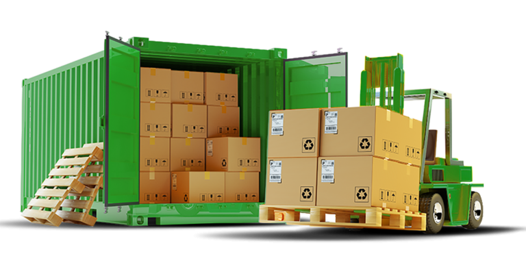 Cargo transportation for manufacturers in SC - Green shipping container being filled with boxes by a green forklift. Shippers - Get goods delivered in SC.