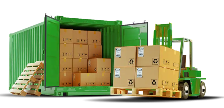 Cargo transportation for manufacturers in SC - Green shipping container being filled with boxes by a green forklift. Shippers - Get goods delivered in SC.