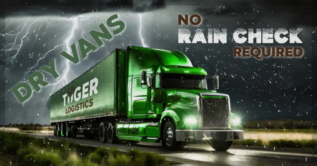 No Rain Check Required - Dry Vans - Tyger Logistics - a Green shiny dry van is driving through a lightning storm with ease.