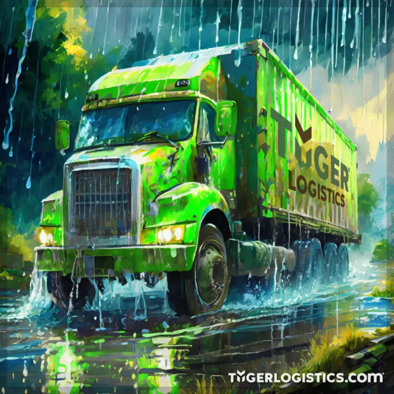 What is a dry van? Green Tyger Logistics Dry Van conquering a thunderstorm by keeping the load safe, and secure in a storm with a trusty lime green dry van.