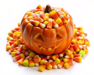 Jack-O-Lantern filled with candy corn.