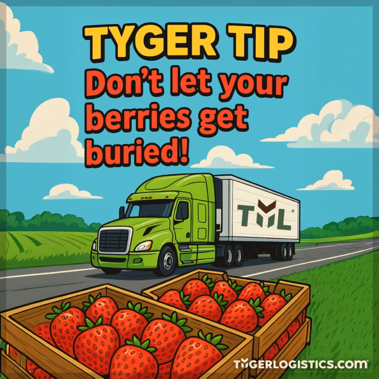 A TYL truck is headed to pick up crates of large fresh strawberries in a reefer truck.