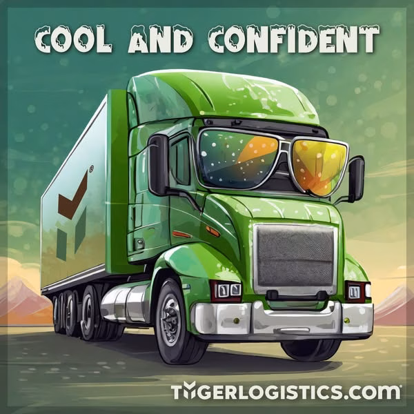 cool-and-confident a lime green Tyger Logistics Refrigerated truck with the brown and green "Y" logo on the side is pictured wearing a giant pair of sunglasses.