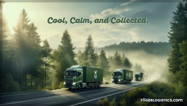 cool-calm-and-collected-TYL trucks drive through pine trees and mist in the mountains.