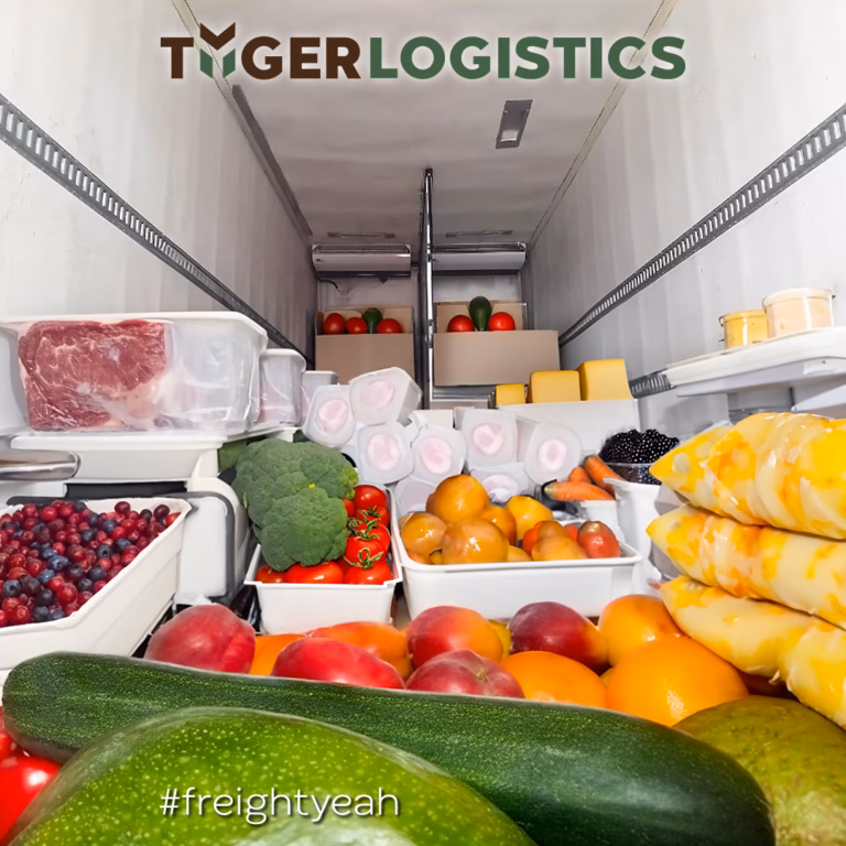 The inside of a refrigerated truck full of fruits and vegetables to be transportied.